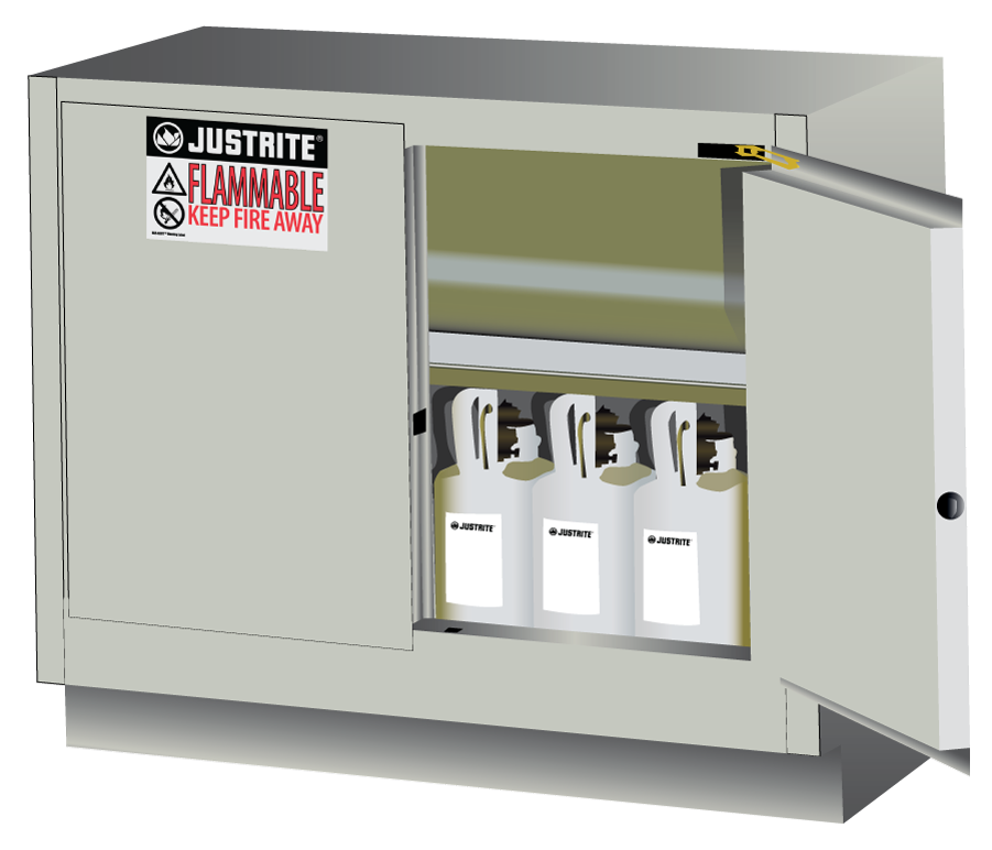 Justrite Under Fume Hood Solvent/Flammable Liquid Safety Cabinet - Cap. 31 Gal. - 1 Shelf - 2 S/C Doors - Lt Ntl. Light Neutral - 884827