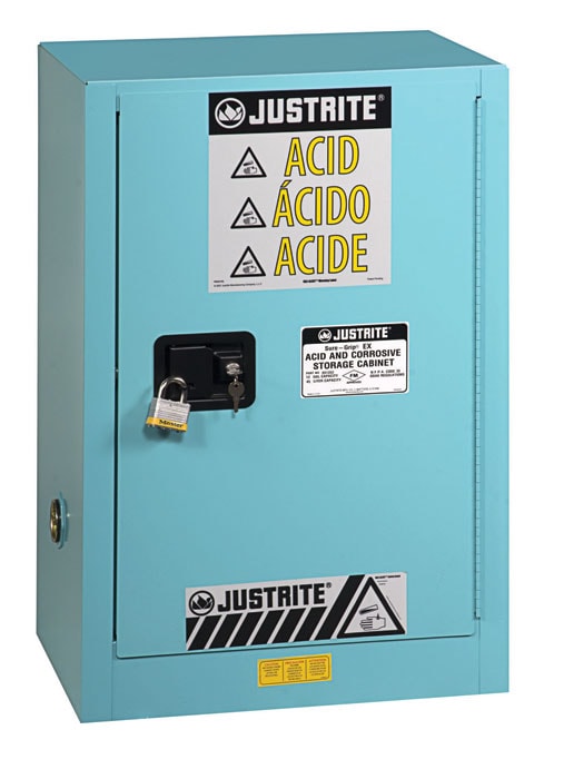 Justrite Chemcor Compac Corrosives/Acids Safety Cabinet - Cap. 12 Gallons. - 1 Shelf - 1 M/C Door - Blue - 8912022