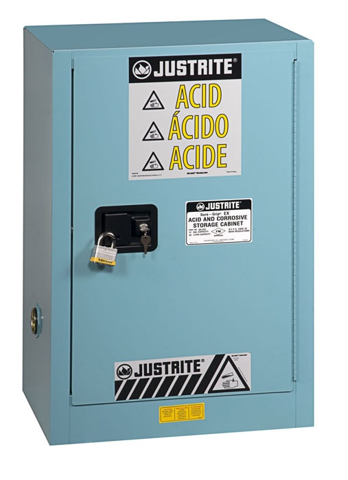 Justrite Chemcor Compac Corrosives/Acids Safety Cabinet - Cap. 12 Gallons. - 1 Shelf - 1 S/C Door - Blue - 8912222