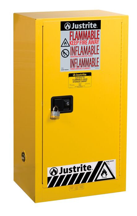 Justrite Sure-Grip Ex Combustibles Safety Cabinet For Paint And Ink - Cap. 20 Gal - 2 Shlves - 1 M/C Door - Yellow - 891510