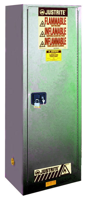 Justrite Sure-Grip Ex Slimline Flammable Safety Cabinet - Cap. 22 Gallons - 3 Shelves - 1 S/C Door - Gray - 892223