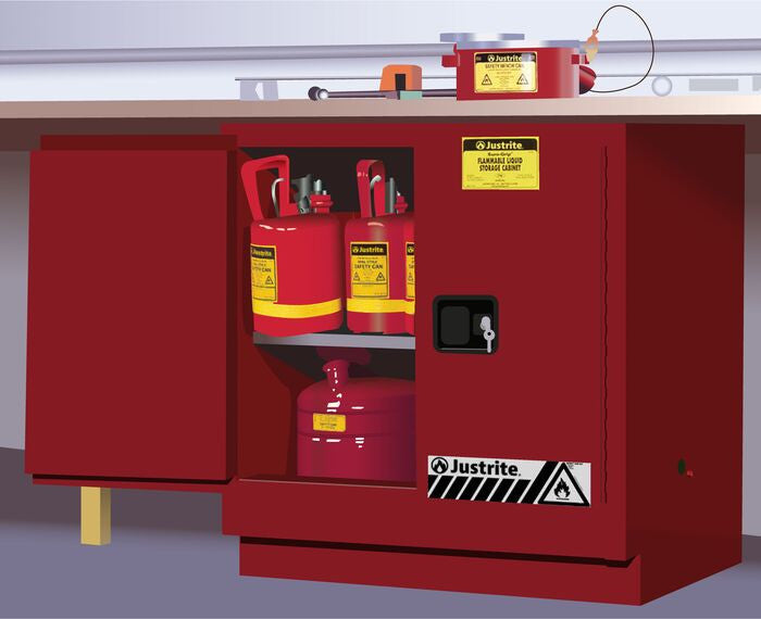 Justrite Sure-Grip Ex Undercounter Flammable Safety Cabinet - Cap. 22 Gallon - 1 Shelf - 2 M/C Doors - Red - 892301