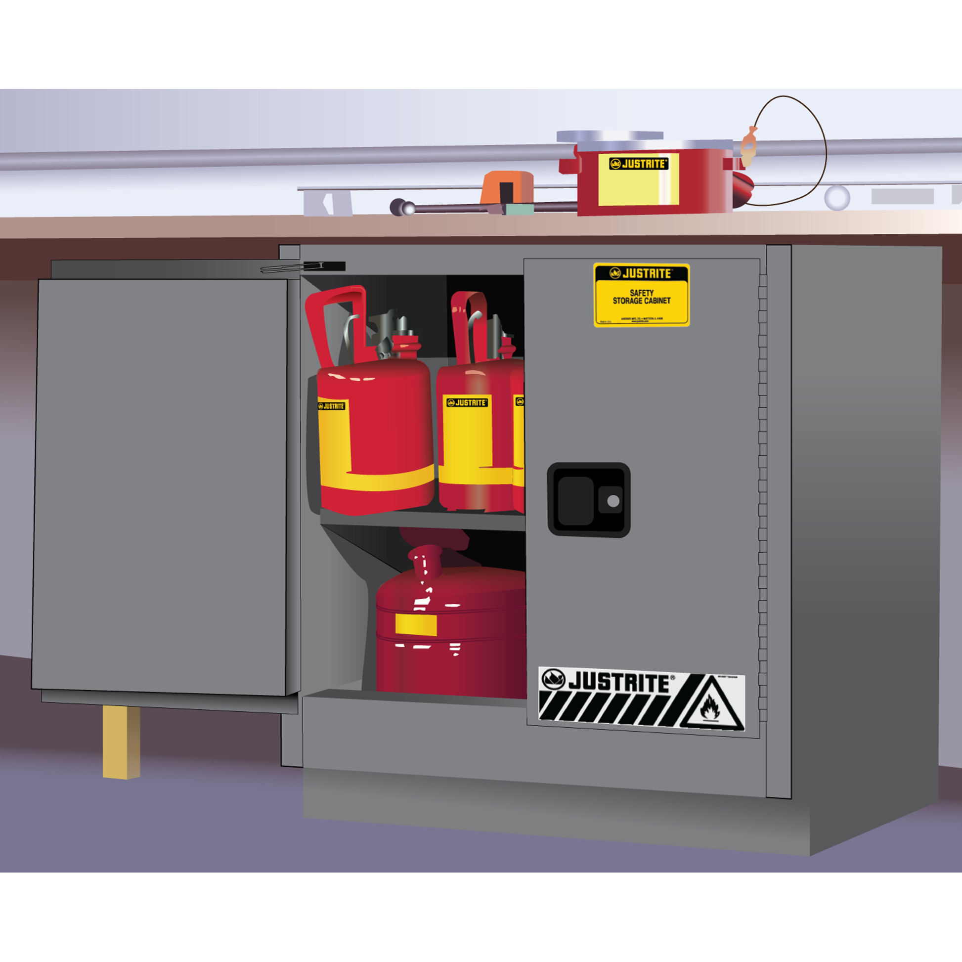 Justrite Sure-Grip Ex Undercounter Flammable Safety Cabinet - Cap. 22 Gallons - 1 Shelf - 2 M/C Doors - Gray - 892303