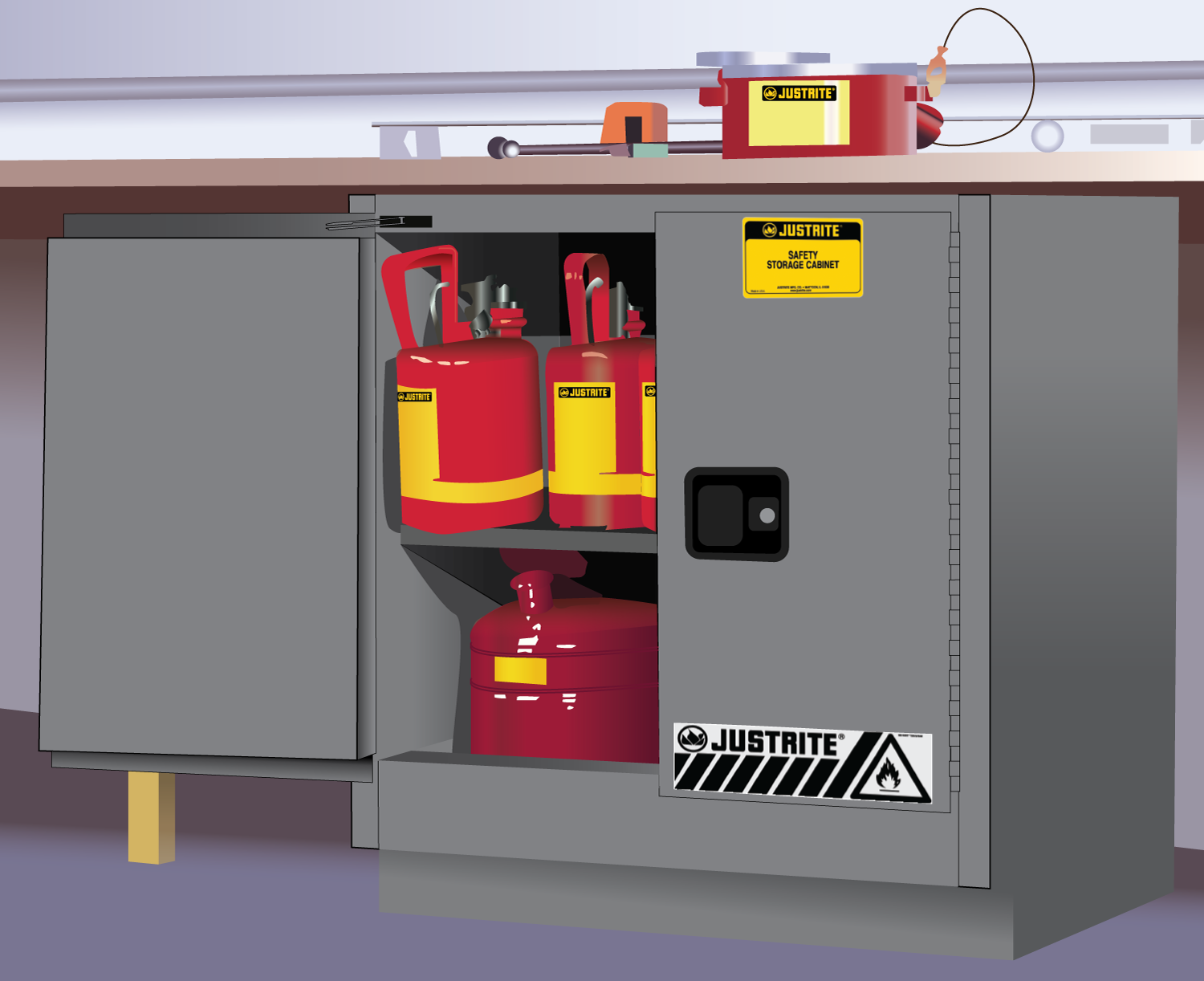 Justrite Sure-Grip Ex Undercounter Flammable Safety Cabinet - Cap. 22 Gallons - 1 Shelf - 2 M/C Doors - Gray - 892303