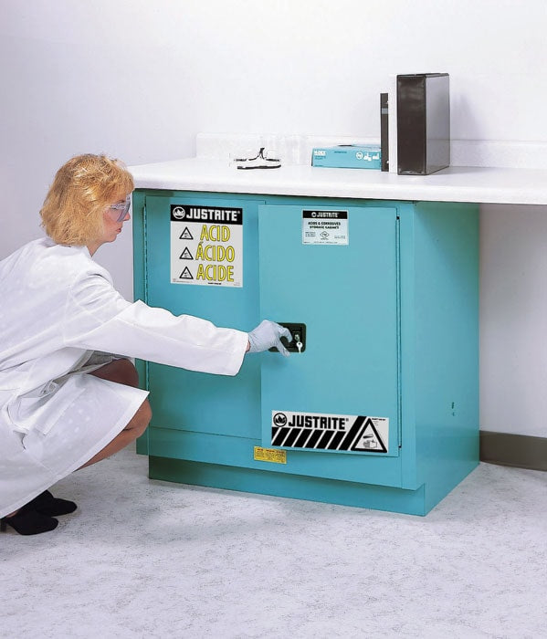 Justrite Sure-Grip Ex Undercounter Corrosives/Acid Stl Safety Cabinet - Cap. 22 Gal. - 1 Shlf - 2 S/C Drs - Blu. Steel - 892322