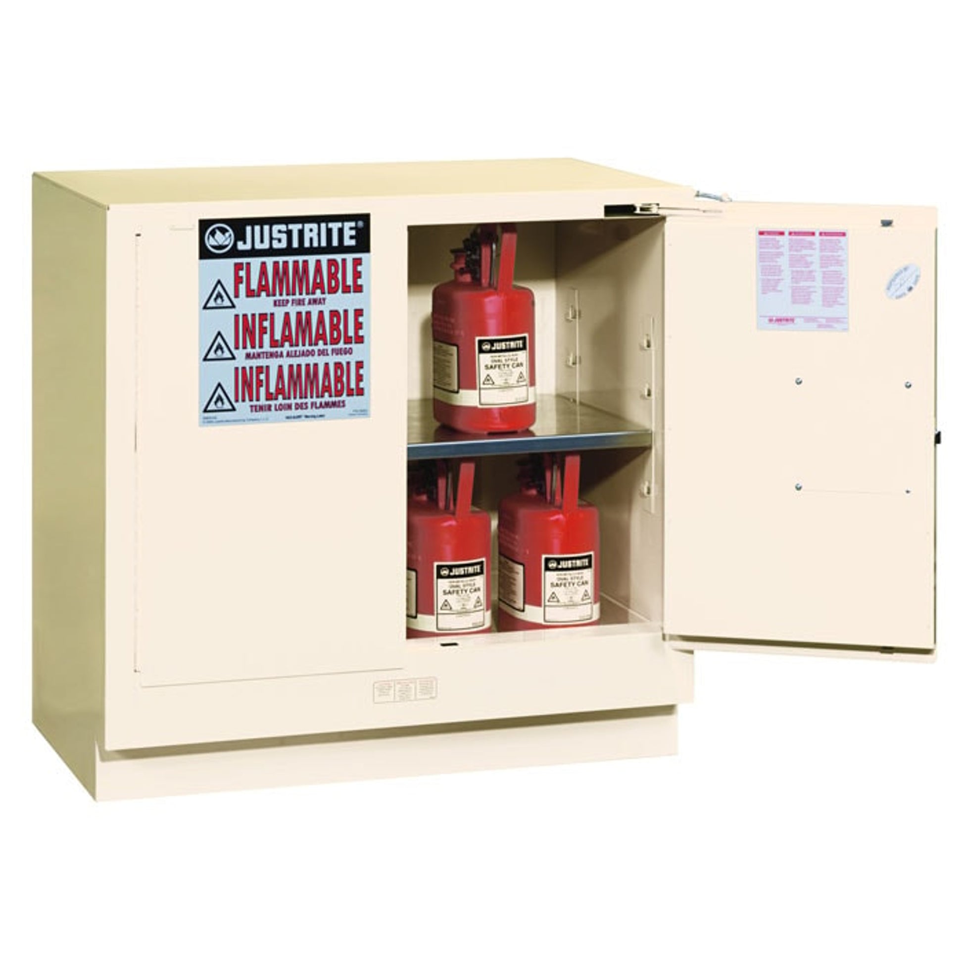 Justrite Sure-Grip Ex Undercounter Flammable Safety Cabinet - Cap. 22 Gallons - 1 Shelf - 2 S/C Doors - White - 892325