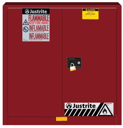 Justrite Sure-Grip Ex Flammable Safety Cabinet - Dims. 35"H - Cap. 30 Gal. - 1 Shelf - 2 M/C Doors - Red - 893301