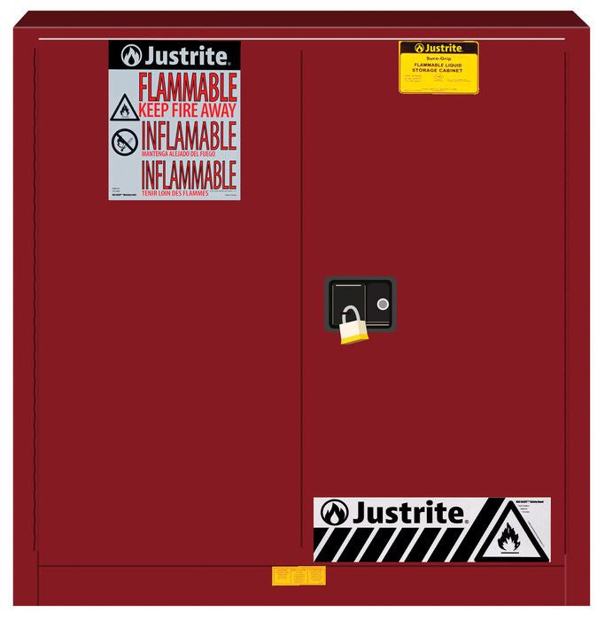 Justrite Sure-Grip Ex Flammable Safety Cabinet - Dims. 35"H - Cap. 30 Gal. - 1 Shelf - 2 M/C Doors - Red - 893301