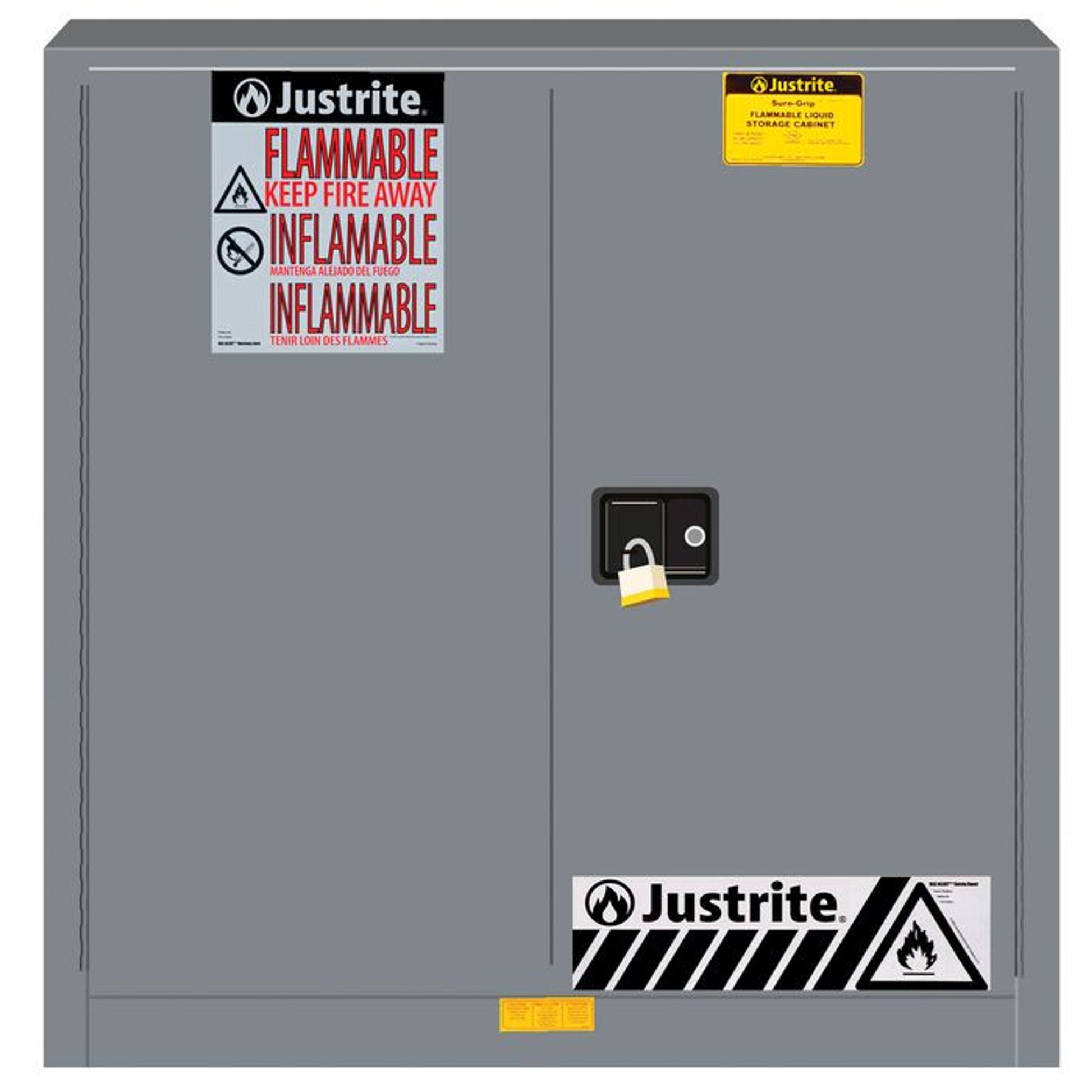 Justrite Sure-Grip Ex Flammable Safety Cabinet - Dims. 35"H - Cap. 30 Gal. - 1 Shelf - 2 M/C Doors - Gray - 893303