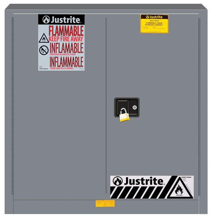 Justrite Sure-Grip Ex Flammable Safety Cabinet - Dims. 35"H - Cap. 30 Gal. - 1 Shelf - 2 M/C Doors - Gray - 893303