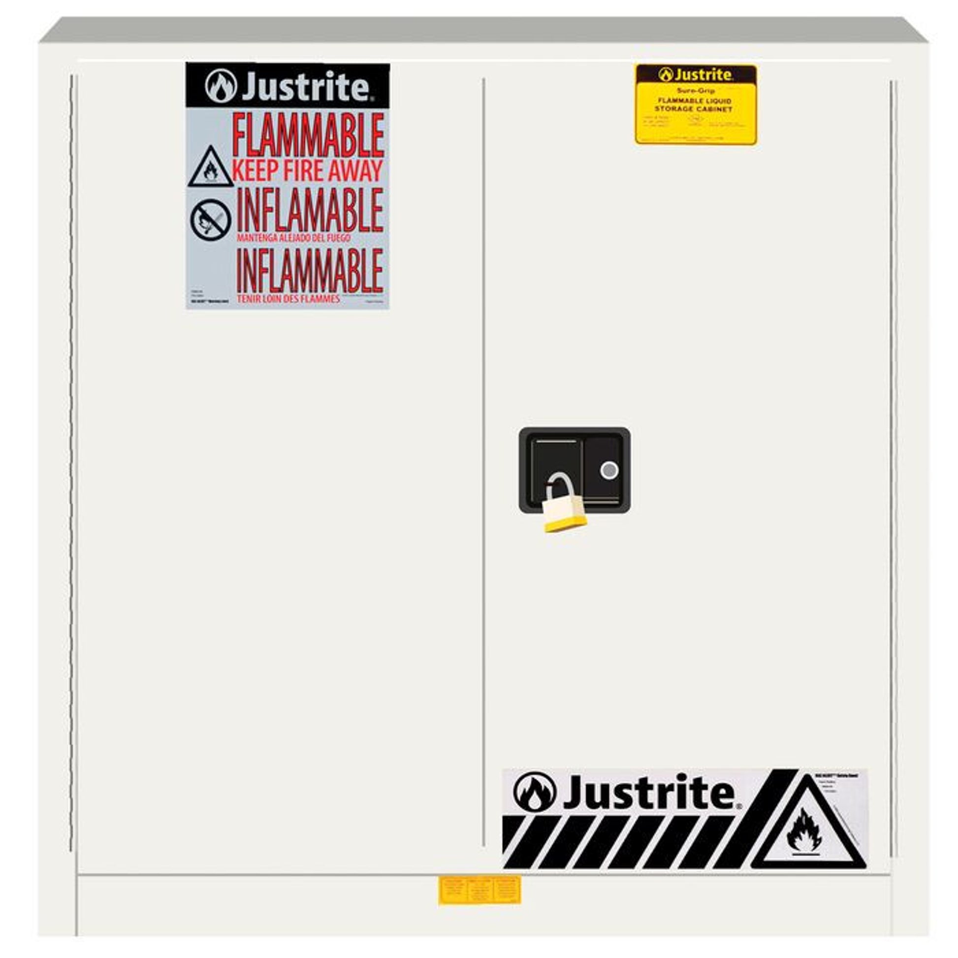 Justrite Sure-Grip Ex Flammable Safety Cabinet - Dims. 35"H - Cap. 30 Gal. - 1 Shelf - 2 M/C Doors - White - 893305