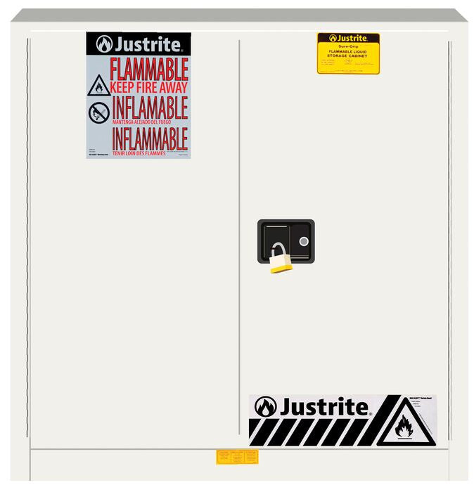 Justrite Sure-Grip Ex Flammable Safety Cabinet - Dims. 35"H - Cap. 30 Gal. - 1 Shelf - 2 M/C Doors - White - 893305