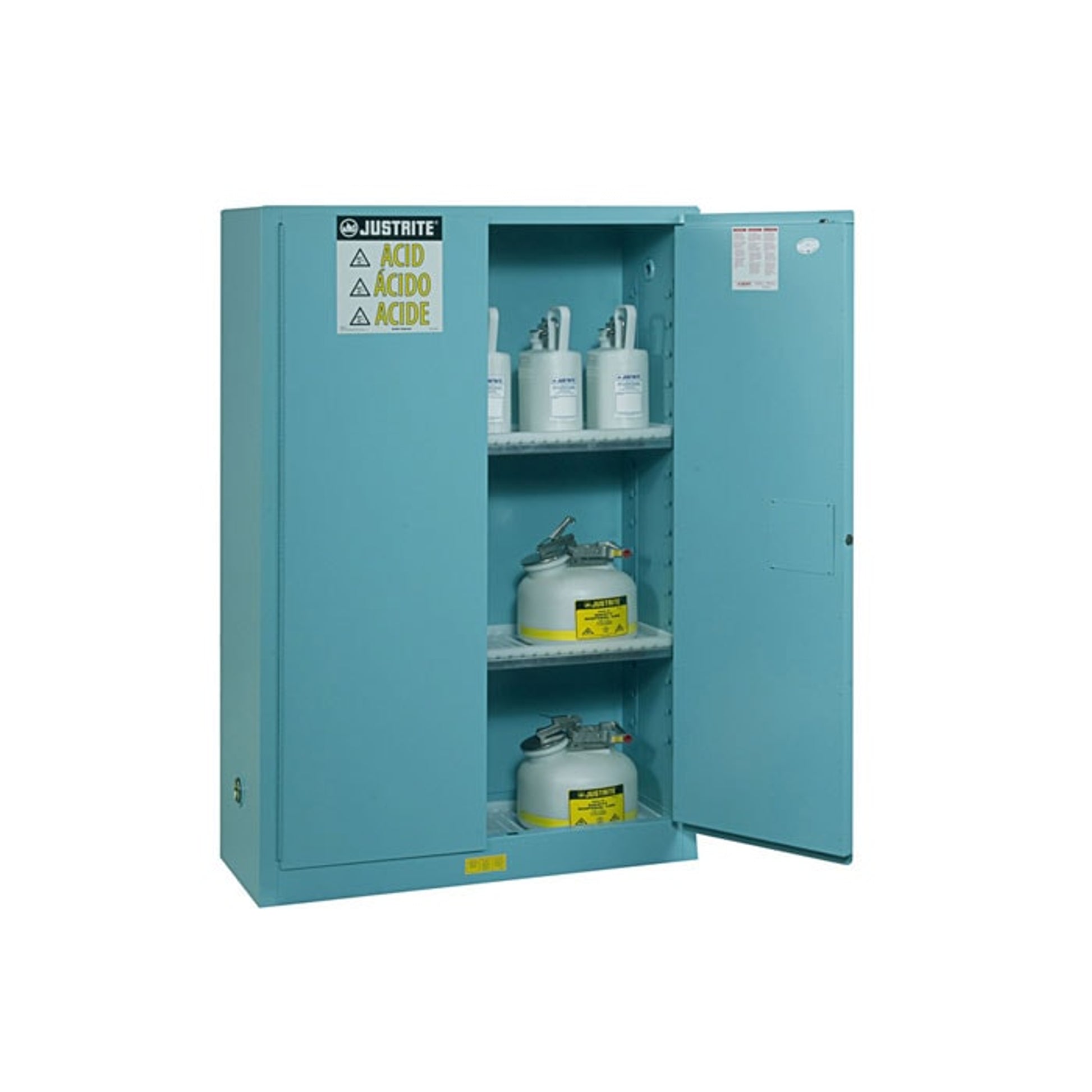 Justrite Sure-Grip Ex Corrosives/Acid Stl Safety Cabinet - Cap. 30 Gal. - 1 Shelf - 1 Bi-Fold S/C Door - Blue - 893082