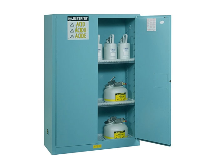Justrite Sure-Grip Ex Corrosives/Acid Stl Safety Cabinet - Cap. 30 Gal. - 1 Shelf - 1 Bi-Fold S/C Door - Blue - 893082