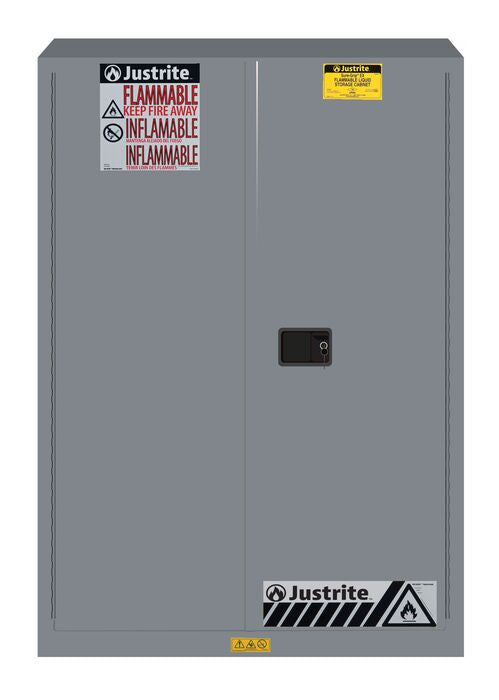 Justrite Sure-Grip Ex Flammable Safety Cabinet - Cap. 45 Gallons - 2 Shelves - 2 Manual-Close Doors - Gray - 894503