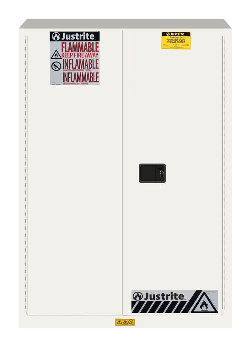Justrite Sure-Grip Ex Flammable Safety Cabinet - Cap. 45 Gallons - 2 Shelves - 2 Manual-Close Doors - White - 894505