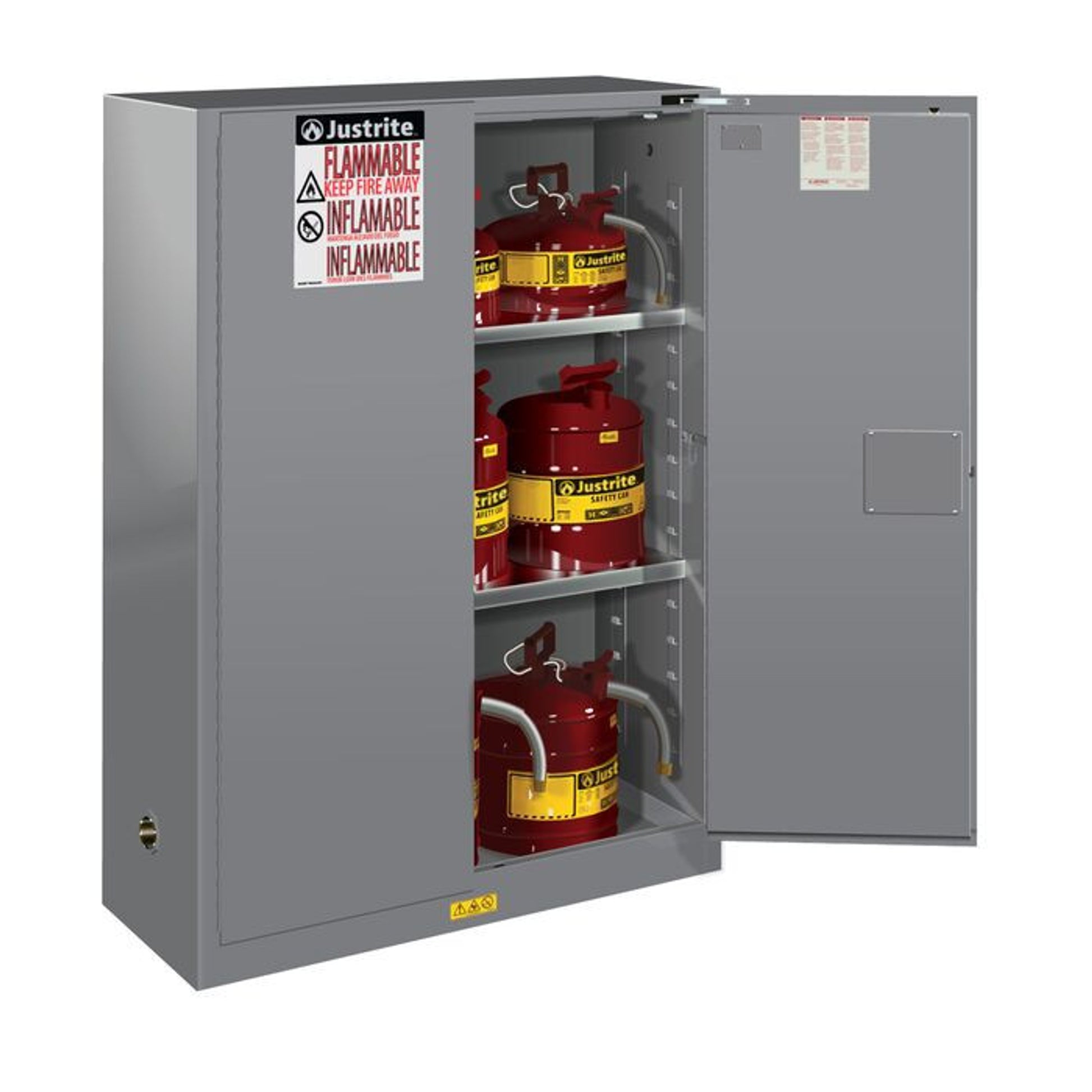 Justrite Sure-Grip Ex Flammable Safety Cabinet - Cap. 45 Gallons - 2 Shelves - 2 Self-Close Doors - Gray - 894523