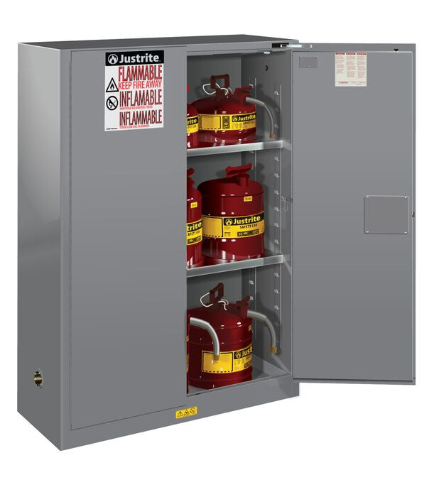 Justrite Sure-Grip Ex Flammable Safety Cabinet - Cap. 45 Gallons - 2 Shelves - 2 Self-Close Doors - Gray - 894523