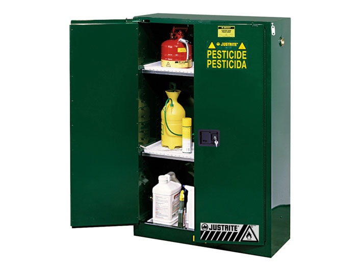 Justrite Sure-Grip Ex Pesticides Safety Cabinet - Cap. 60 Gallons - 2 Shelves - 2 Self-Close Doors - Green - 896024
