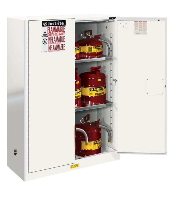Justrite Sure-Grip Ex Flammable Safety Cabinet - Cap. 45 Gallons - 2 Shelves - 2 Self-Close Doors - White - 894525