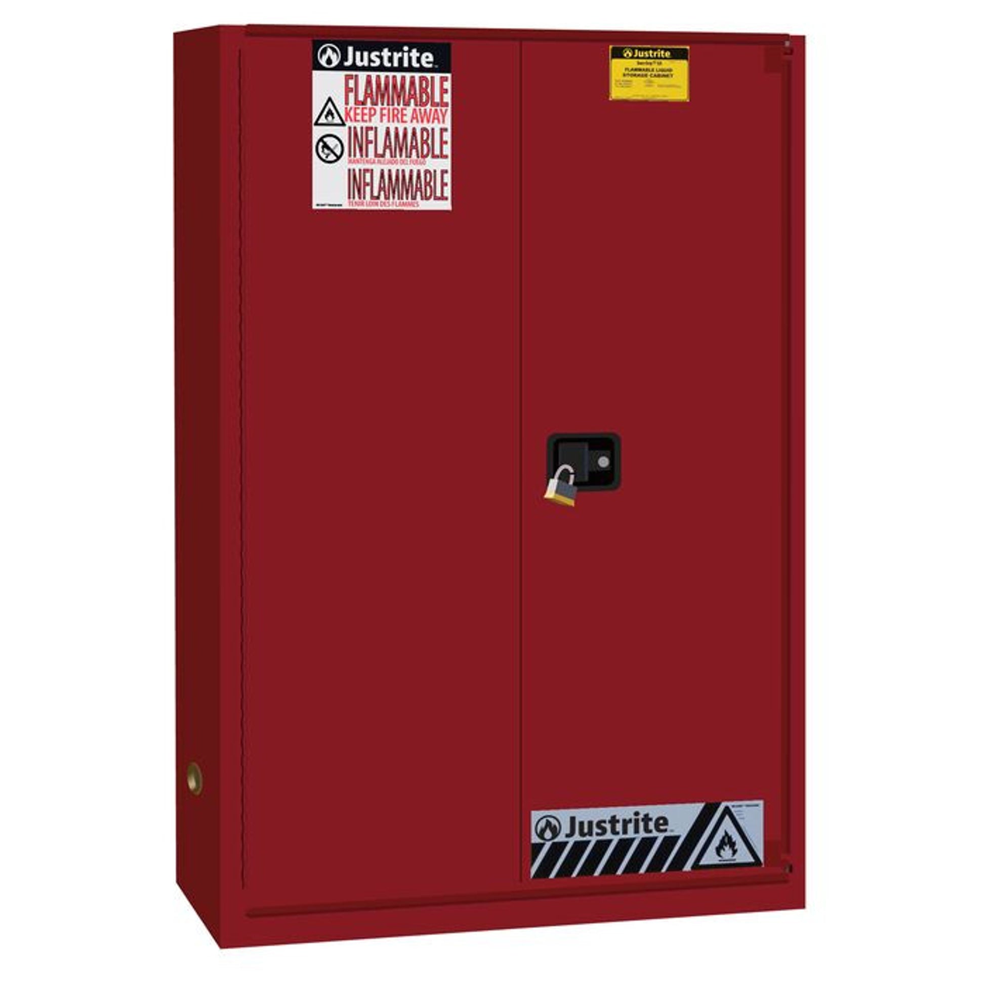 Justrite Sure-Grip Ex Flammable Safety Cabinet - Cap. 45 Gallons - 2 Shelves - 1 Bi-Fold S/C Door - Red - 894581