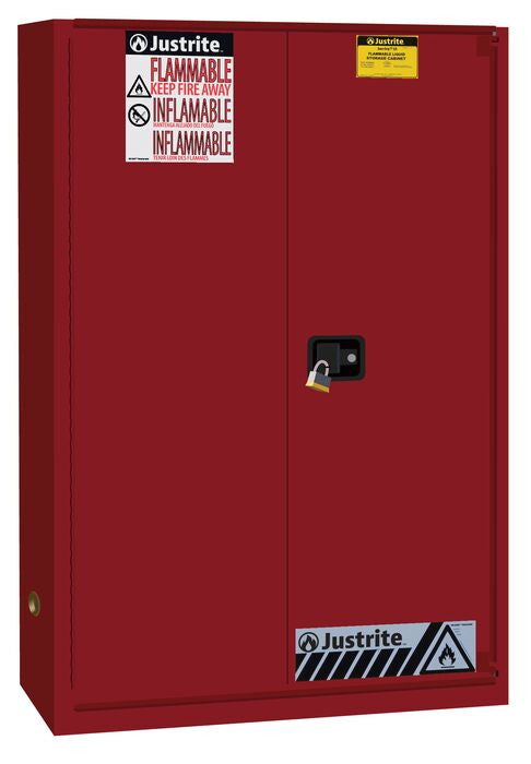 Justrite Sure-Grip Ex Flammable Safety Cabinet - Cap. 45 Gallons - 2 Shelves - 1 Bi-Fold S/C Door - Red - 894581