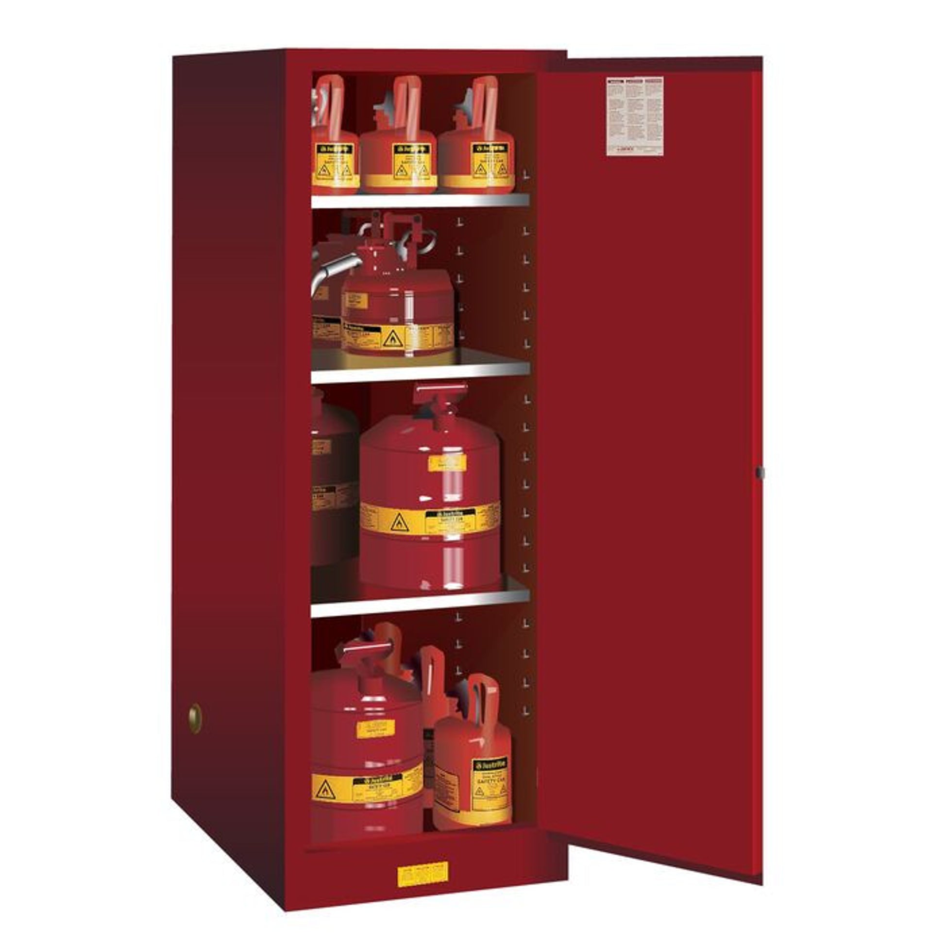 Justrite Sure-Grip Ex Deep Slimline Flammable Safety Cabinet - Cap. 54 Gallons - 3 Shelves - 1 M/C Door - Red - 895401