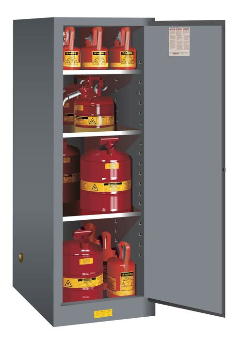 Justrite Sure-Grip Ex Deep Slimline Flammable Safety Cabinet - Cap. 54 Gallons - 3 Shelves - 1 M/C Door - Gray - 895403