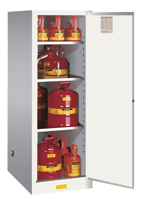 Justrite Sure-Grip Ex Deep Slimline Flammable Safety Cabinet - Cap. 54 Gallons - 3 Shelves - 1 M/C Door - White - 895405