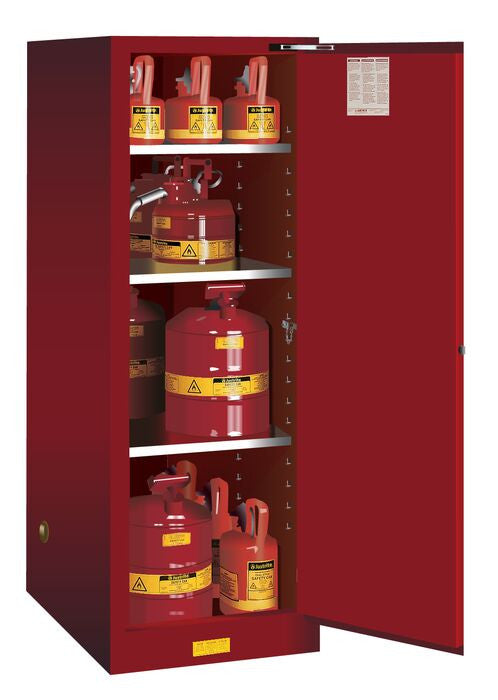 Justrite Sure-Grip Ex Deep Slimline Flammable Safety Cabinet - Cap. 54 Gallons - 3 Shelves - 1 S/C Door - Red - 895421