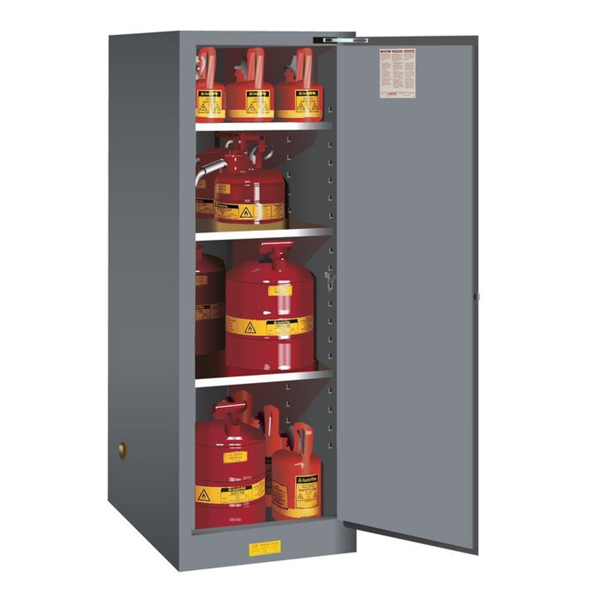 Justrite Sure-Grip Ex Deep Slimline Flammable Safety Cabinet - Cap. 54 Gallons - 3 Shelves - 1 S/C Door - Gray - 895423
