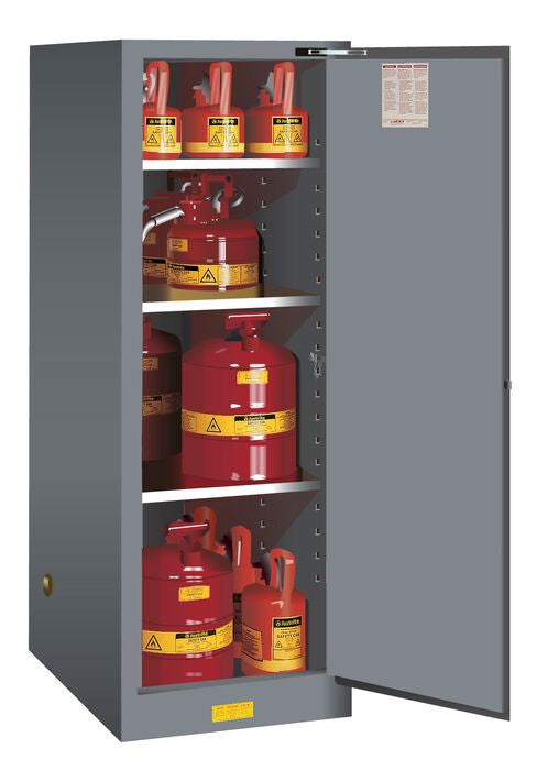 Justrite Sure-Grip Ex Deep Slimline Flammable Safety Cabinet - Cap. 54 Gallons - 3 Shelves - 1 S/C Door - Gray - 895423