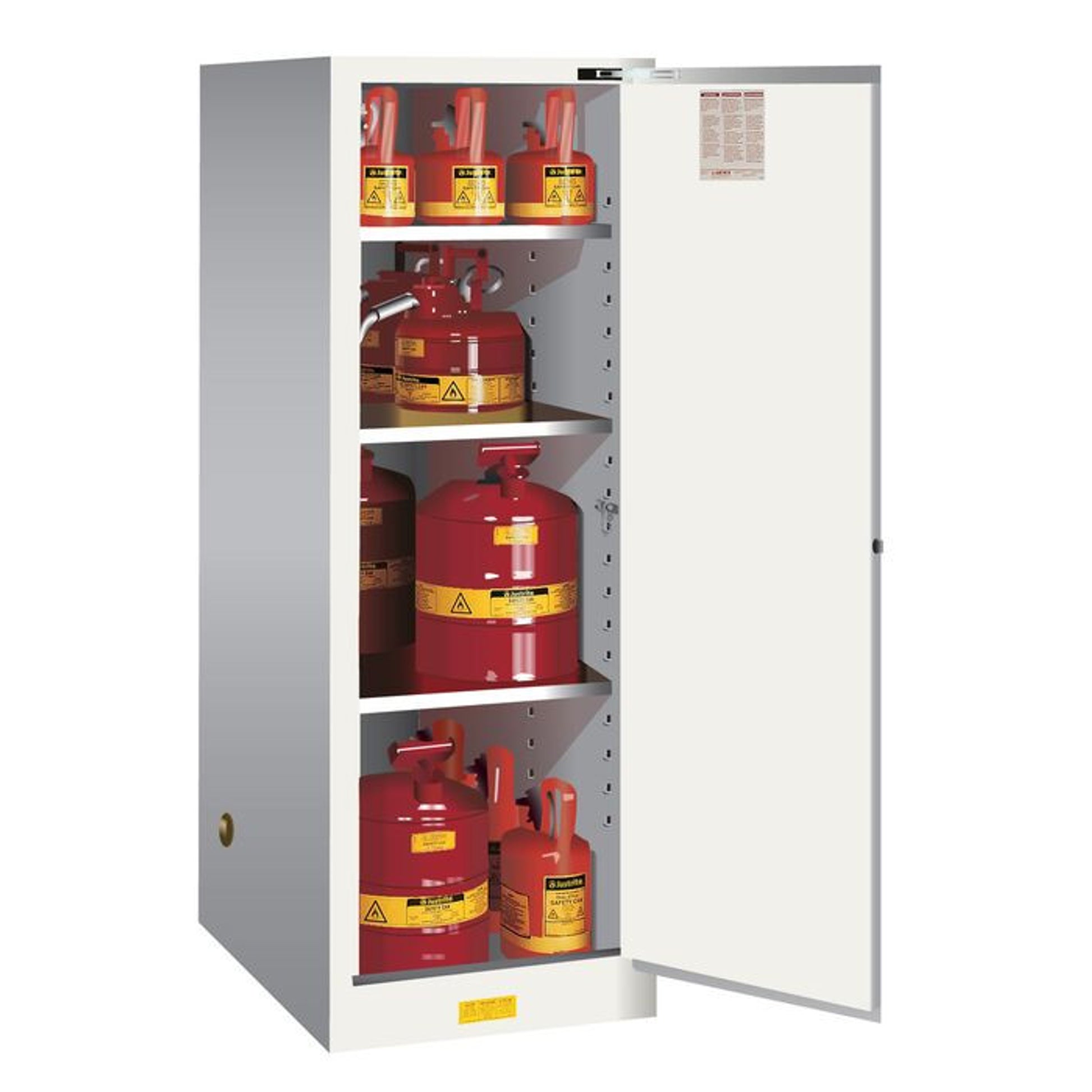 Justrite Sure-Grip Ex Deep Slimline Flammable Safety Cabinet - Cap. 54 Gallons - 3 Shelves - 1 S/C Door - White - 895425