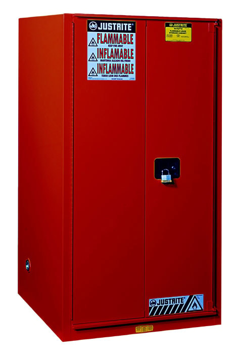Justrite Sure-Grip Ex Flammable Safety Cabinet - Cap. 60 Gallons - 2 Shelves - 2 Manual-Close Doors - Red - 896001