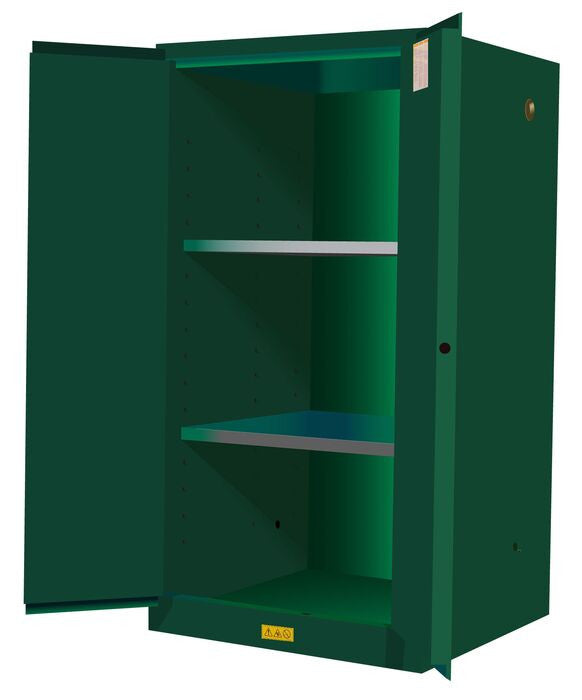 Justrite Sure-Grip Ex Pesticides Safety Cabinet - Cap. 60 Gallons - 2 Shelves - 2 Manual-Close Doors - Green - 896004