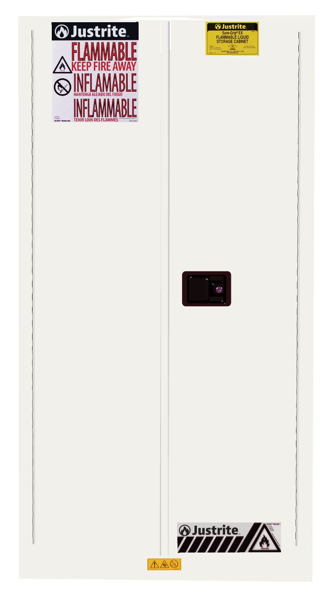 Justrite Sure-Grip Ex Flammable Safety Cabinet - Cap. 60 Gallons - 2 Shelves - 2 Self-Close Doors - White - 896025