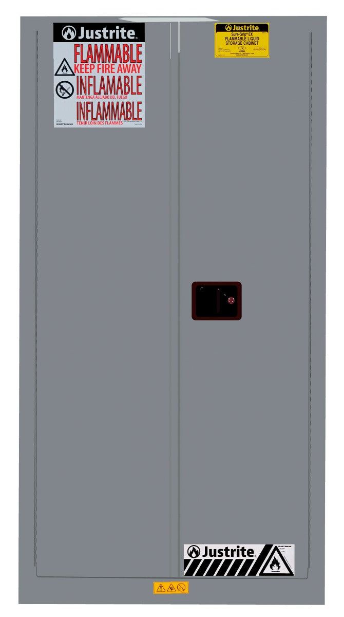 Justrite Sure-Grip Ex Vertical Drum Safety Cabinet And Drum Support - Cap. 55 Gal - 1 Shlf - 2 S/C Doors - Gray - 896223