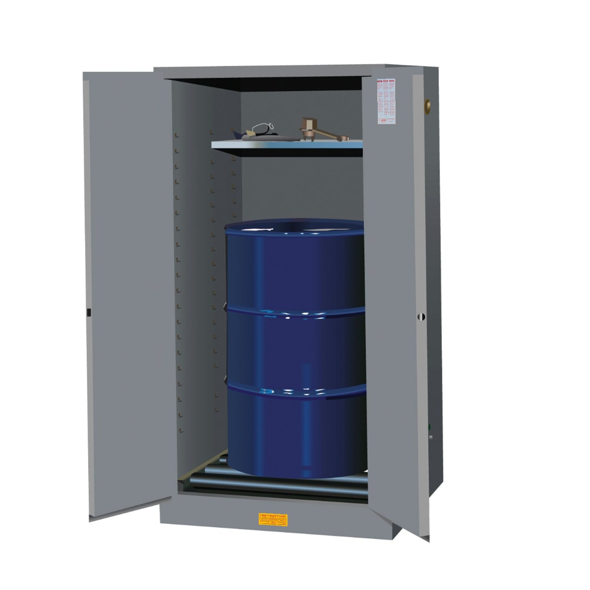 Justrite Sure-Grip Ex Vertical Drum Safety Cabinet And Drum Rollers - Cap. 55 Gal - 1 Shlf - 2 M/C Doors - Gray Gray - 896263