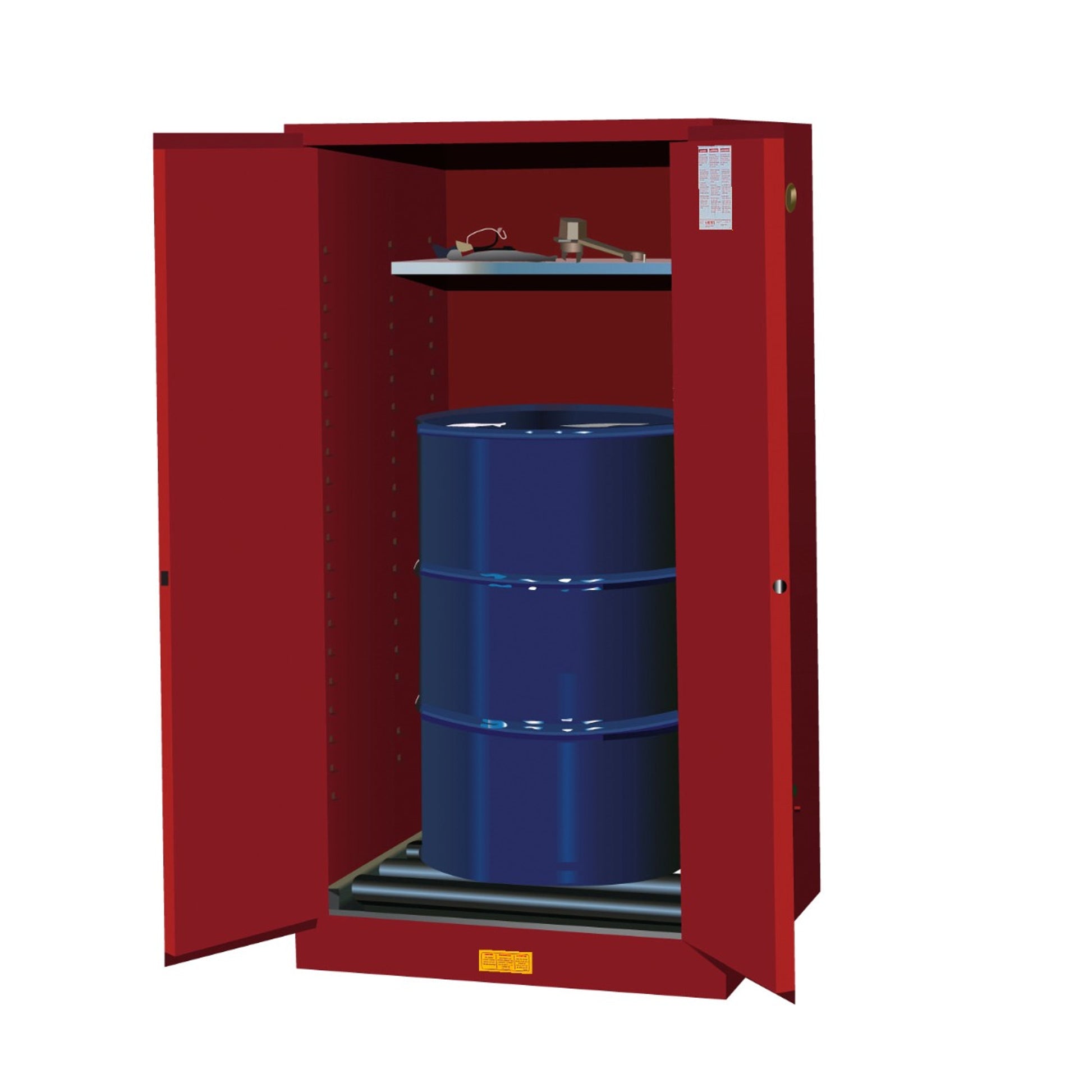 Justrite Sure-Grip Ex Vertical Drum Safety Cabinet And Drum Rollers - Cap. 55 Gal. - 1 Shlf - 2 S/C Doors - Red - 896271