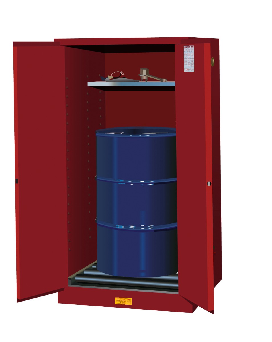 Justrite Sure-Grip Ex Vertical Drum Safety Cabinet And Drum Rollers - Cap. 55 Gal. - 1 Shlf - 2 S/C Doors - Red - 896271