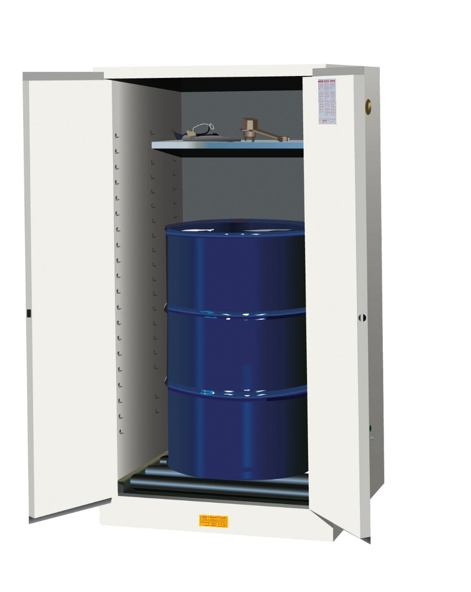 Justrite Sure-Grip Ex Vertical Drum Safety Cabinet And Drum Rollers - Cap. 55 Gal. - 1 Shlf - 2 S/C Doors - Wht - 896275