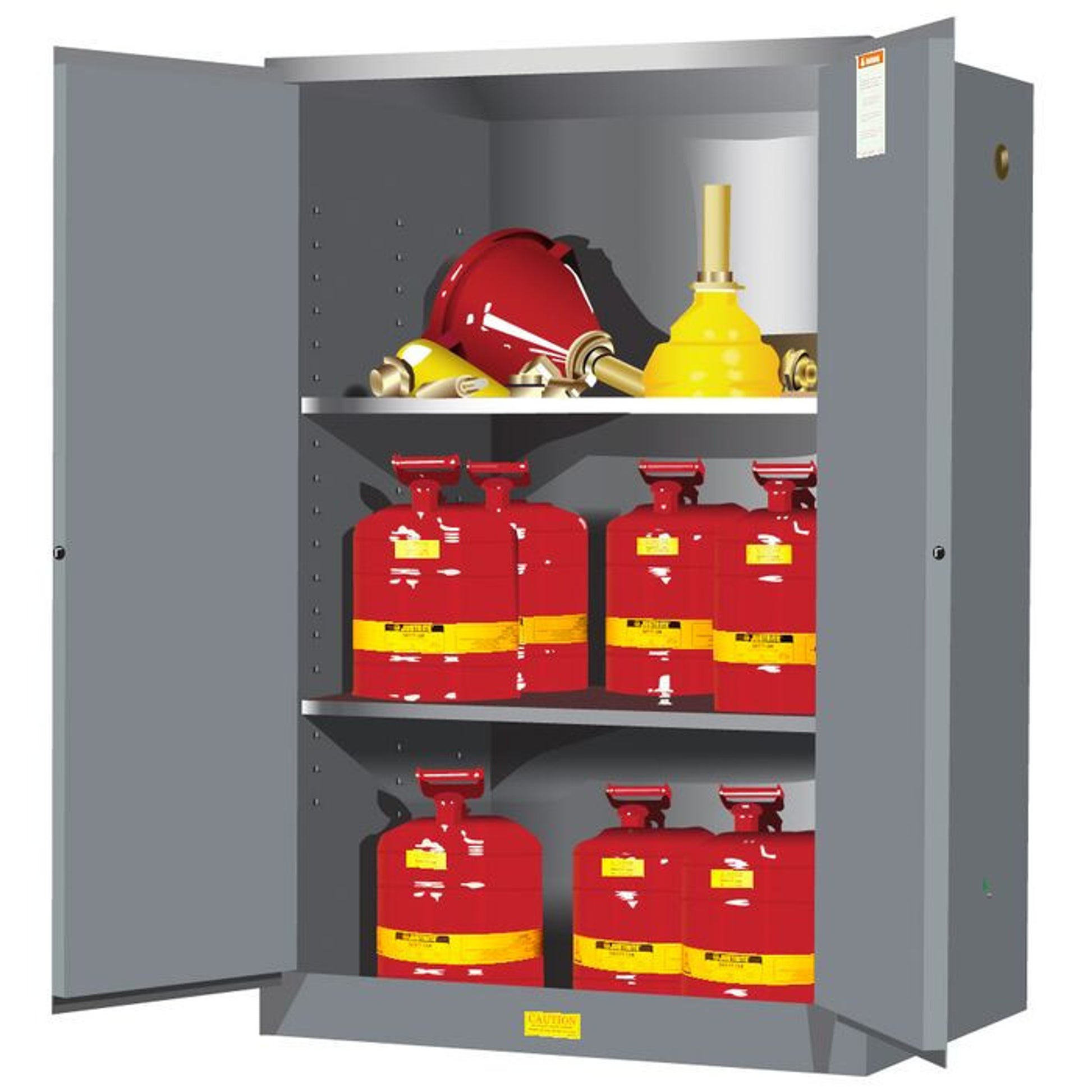 Justrite Sure-Grip Ex Flammable Safety Cabinet - Cap. 90 Gallons - 2 Shelves - 2 Manual-Close Doors - Gray - 899003