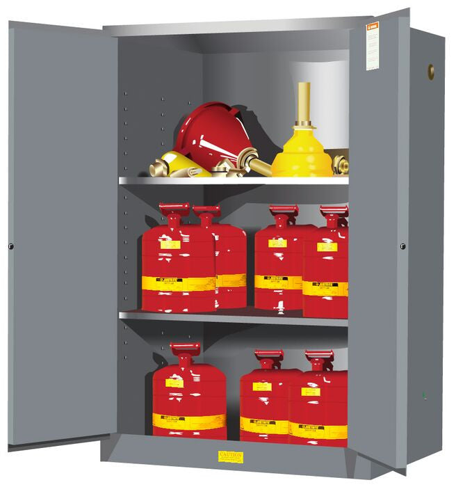 Justrite Sure-Grip Ex Flammable Safety Cabinet - Cap. 90 Gallons - 2 Shelves - 2 Manual-Close Doors - Gray - 899003