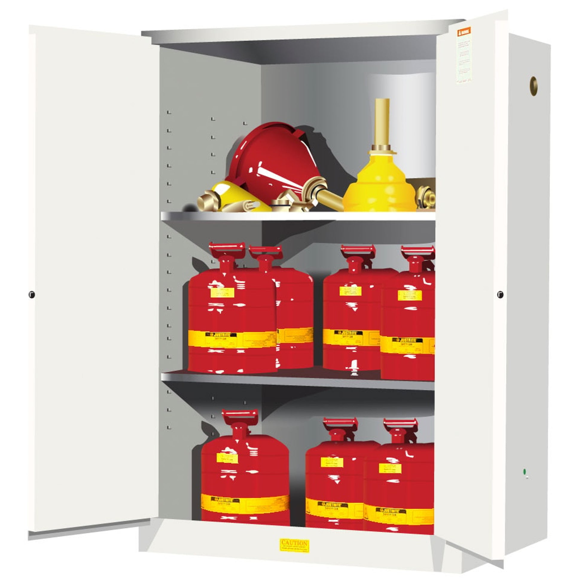 Justrite Sure-Grip Ex Flammable Safety Cabinet - Cap. 90 Gallons - 2 Shelves - 2 Manual-Close Doors - White - 899005