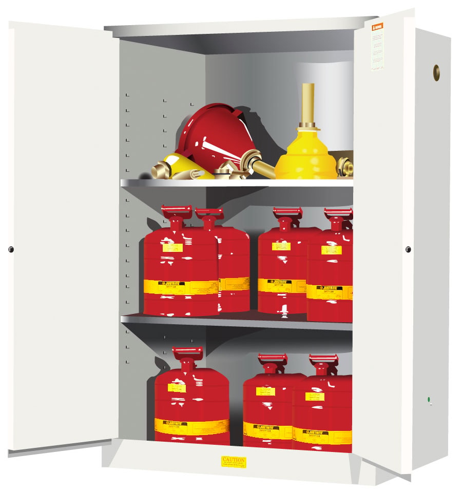 Justrite Sure-Grip Ex Flammable Safety Cabinet - Cap. 90 Gallons - 2 Shelves - 2 Manual-Close Doors - White - 899005