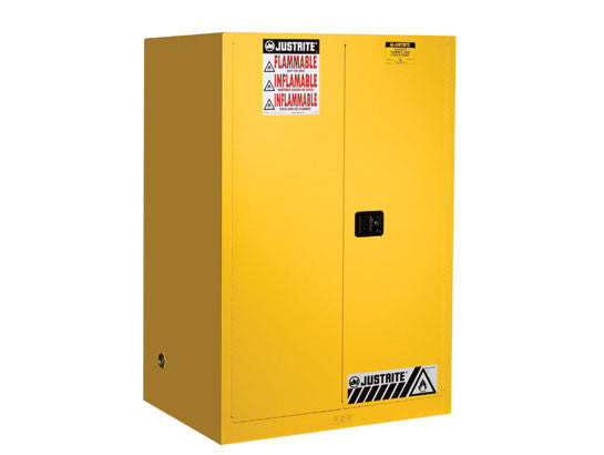 Justrite Sure-Grip Ex Flammable Safety Cabinet - Cap. 90 Gallons - 2 Shelves - 2 Self-Close Doors - Yellow - 899020