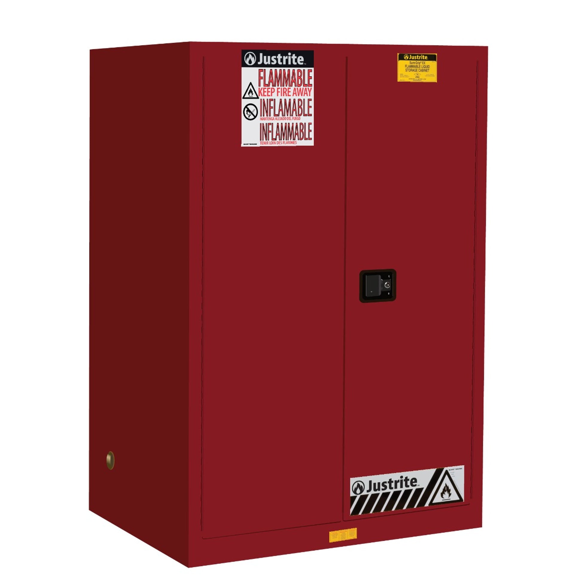 Justrite Sure-Grip Ex Flammable Safety Cabinet - Cap. 90 Gallons - 2 Shelves - 2 Self-Close Doors - Red - 899021