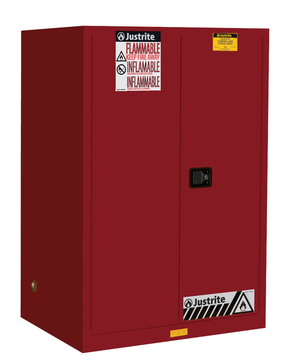 Justrite Sure-Grip Ex Flammable Safety Cabinet - Cap. 90 Gallons - 2 Shelves - 2 Self-Close Doors - Red - 899021