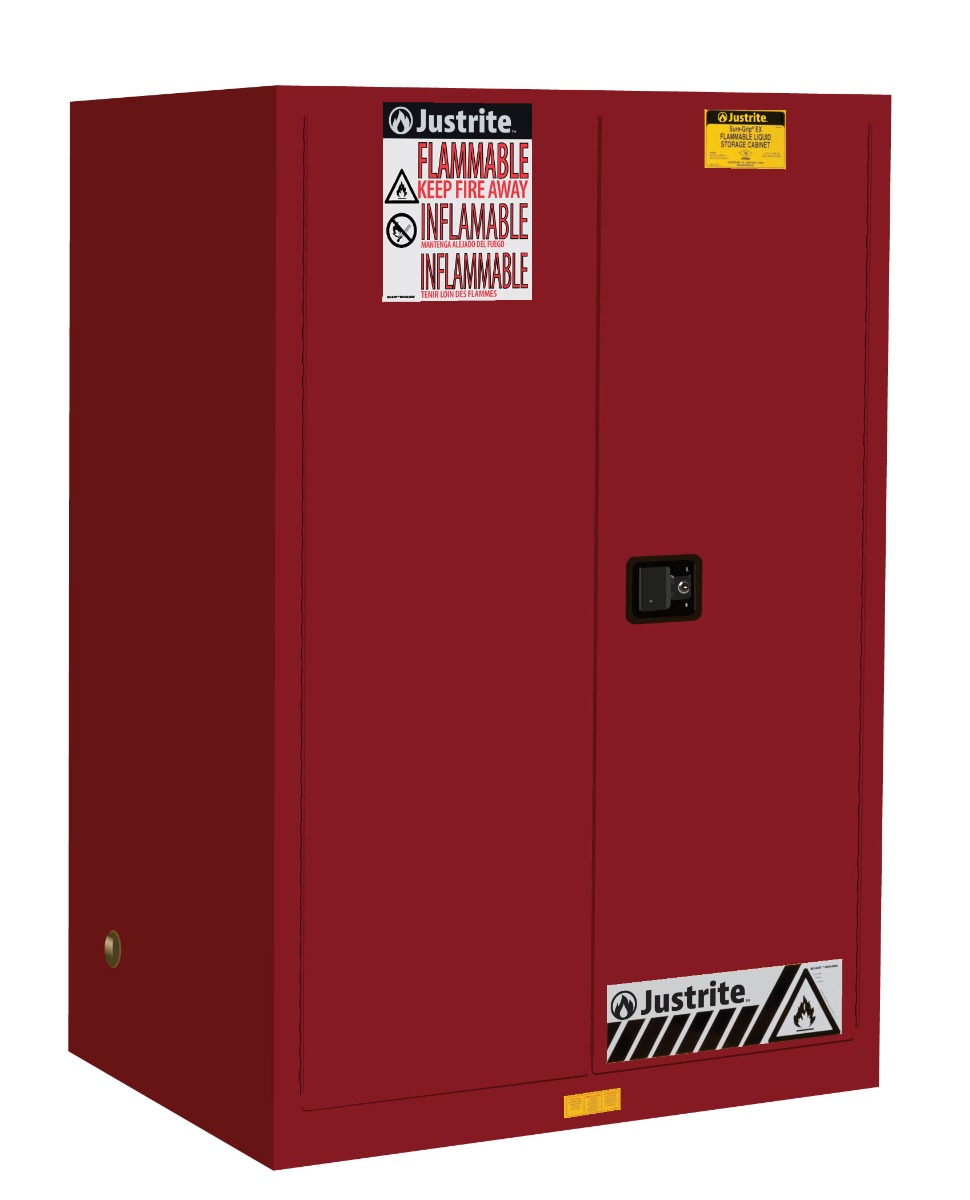 Justrite Sure-Grip Ex Flammable Safety Cabinet - Cap. 90 Gallons - 2 Shelves - 2 Self-Close Doors - Red - 899021