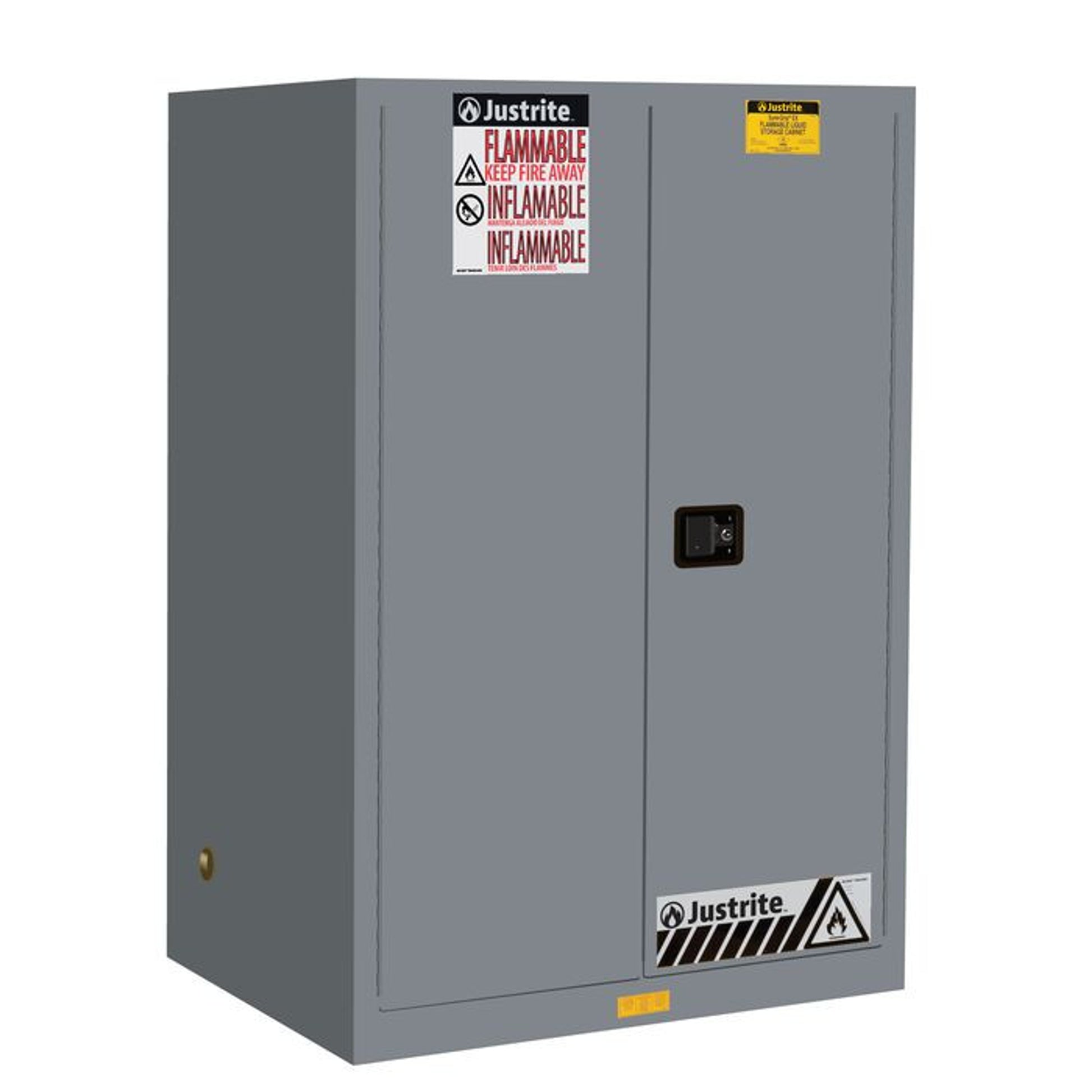 Justrite Sure-Grip Ex Flammable Safety Cabinet - Cap. 90 Gallons - 2 Shelves - 2 Self-Close Doors - Gray - 899023